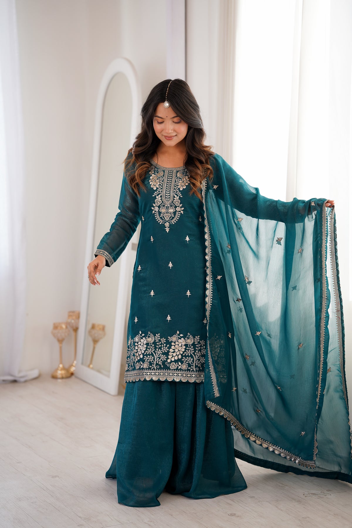 Premium Crunchy Silk Sharara Suit with Embroidery, Sequin & Jari Work