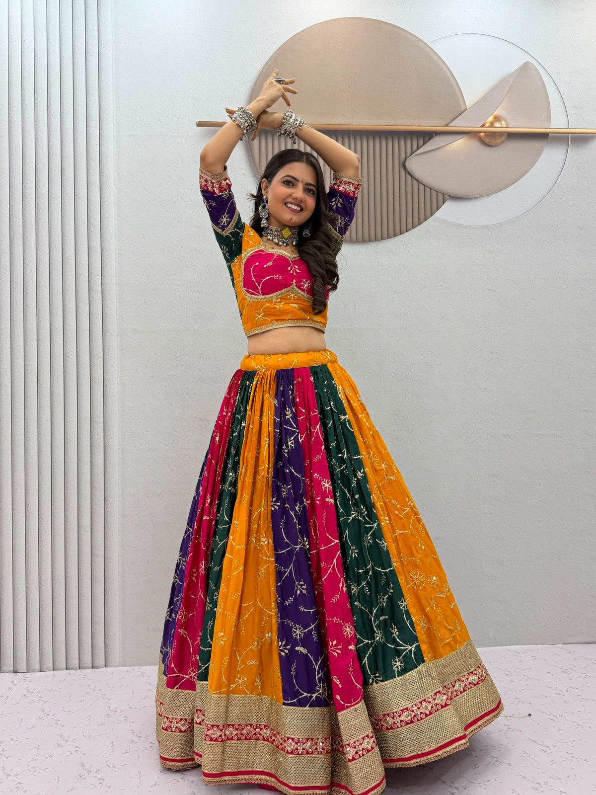 Premium Milky Silk Vintage Navratri Chaniya Choli with Embroidery & Sequin Work