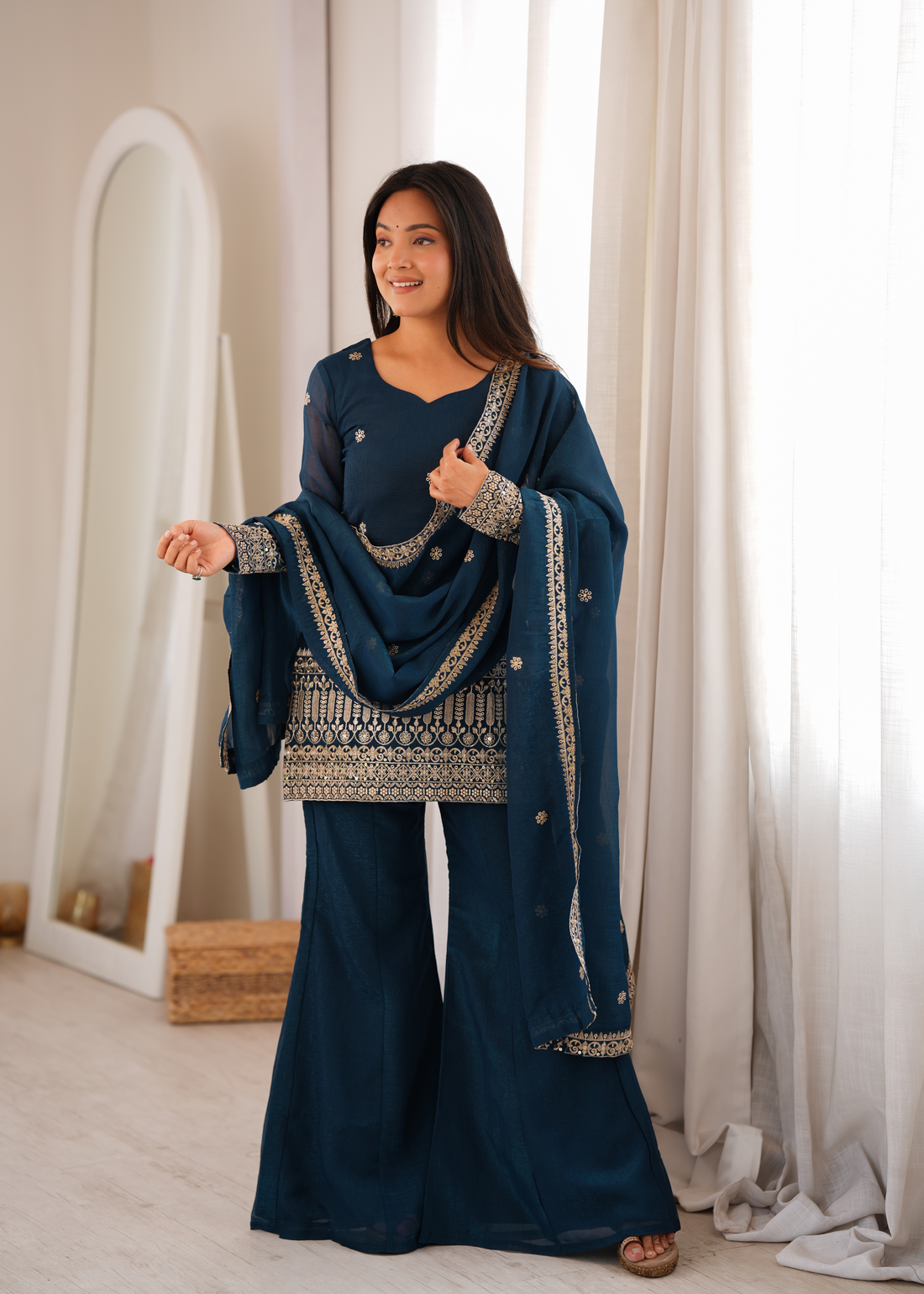 Premium Crunchy Silk Embroidered Bell Bottom Set