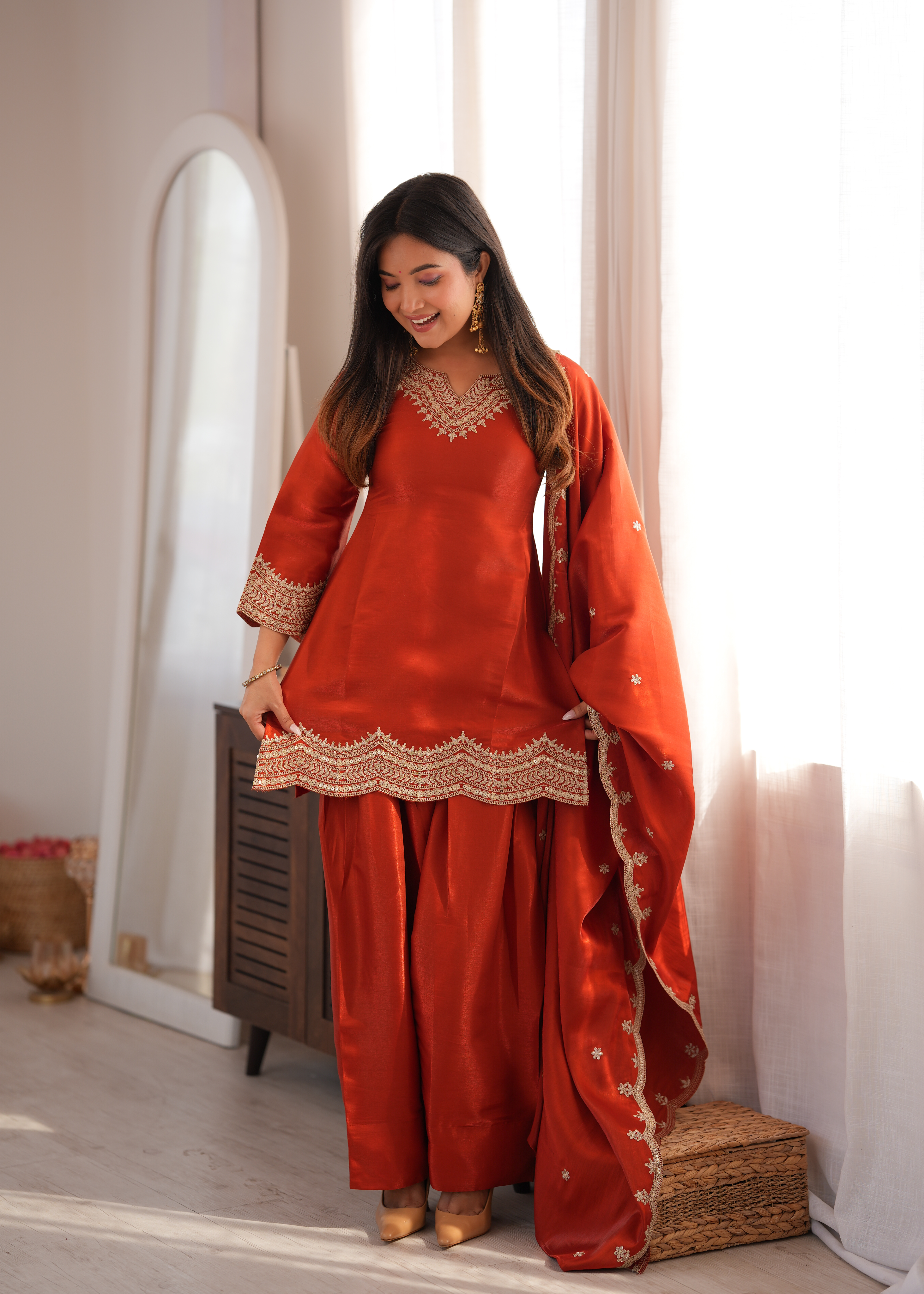 Premium Glass Roman Silk Embroidered Farshi Shalwar Set