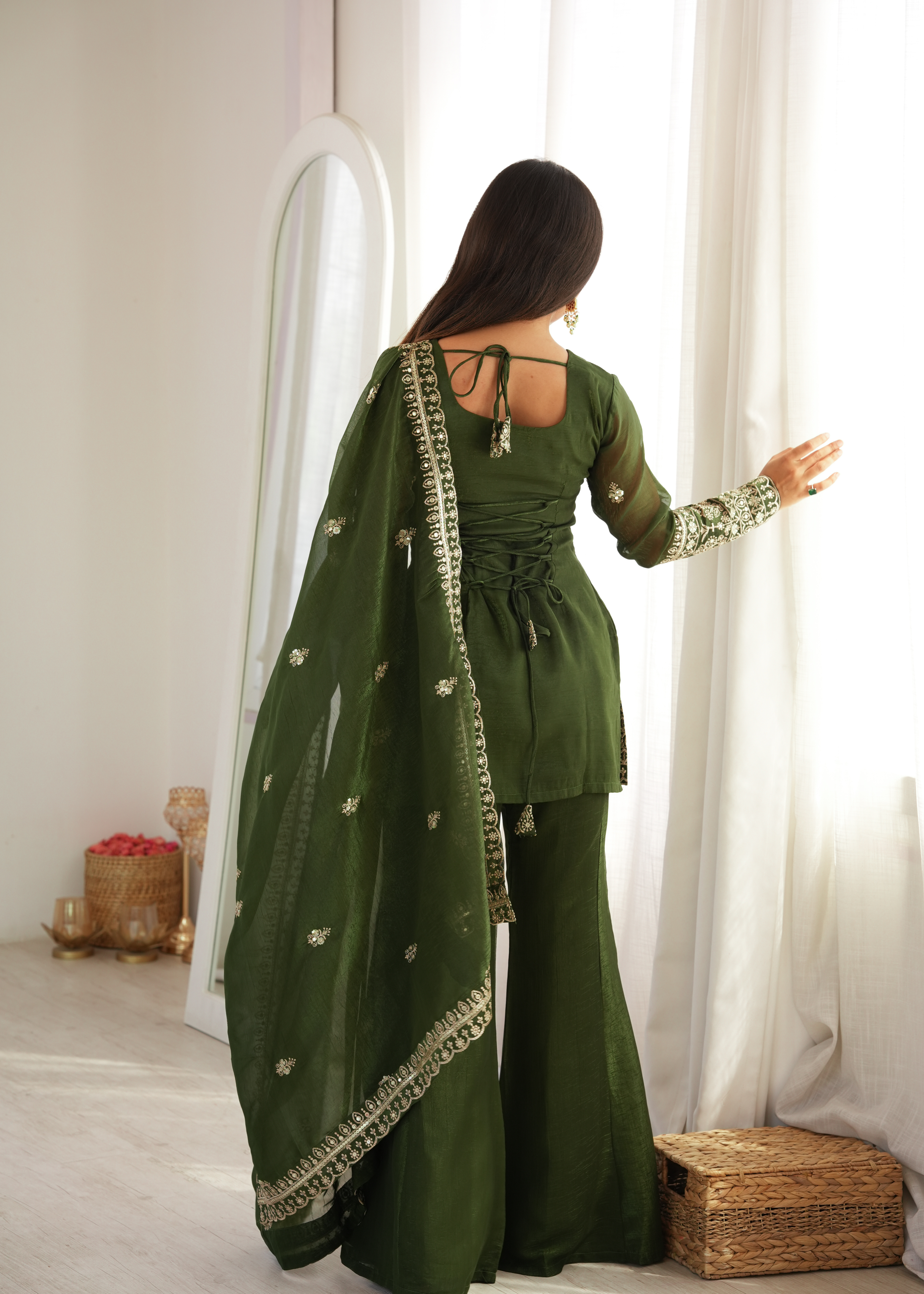 Premium Crunchy Silk Embroidered Bell Bottom Set