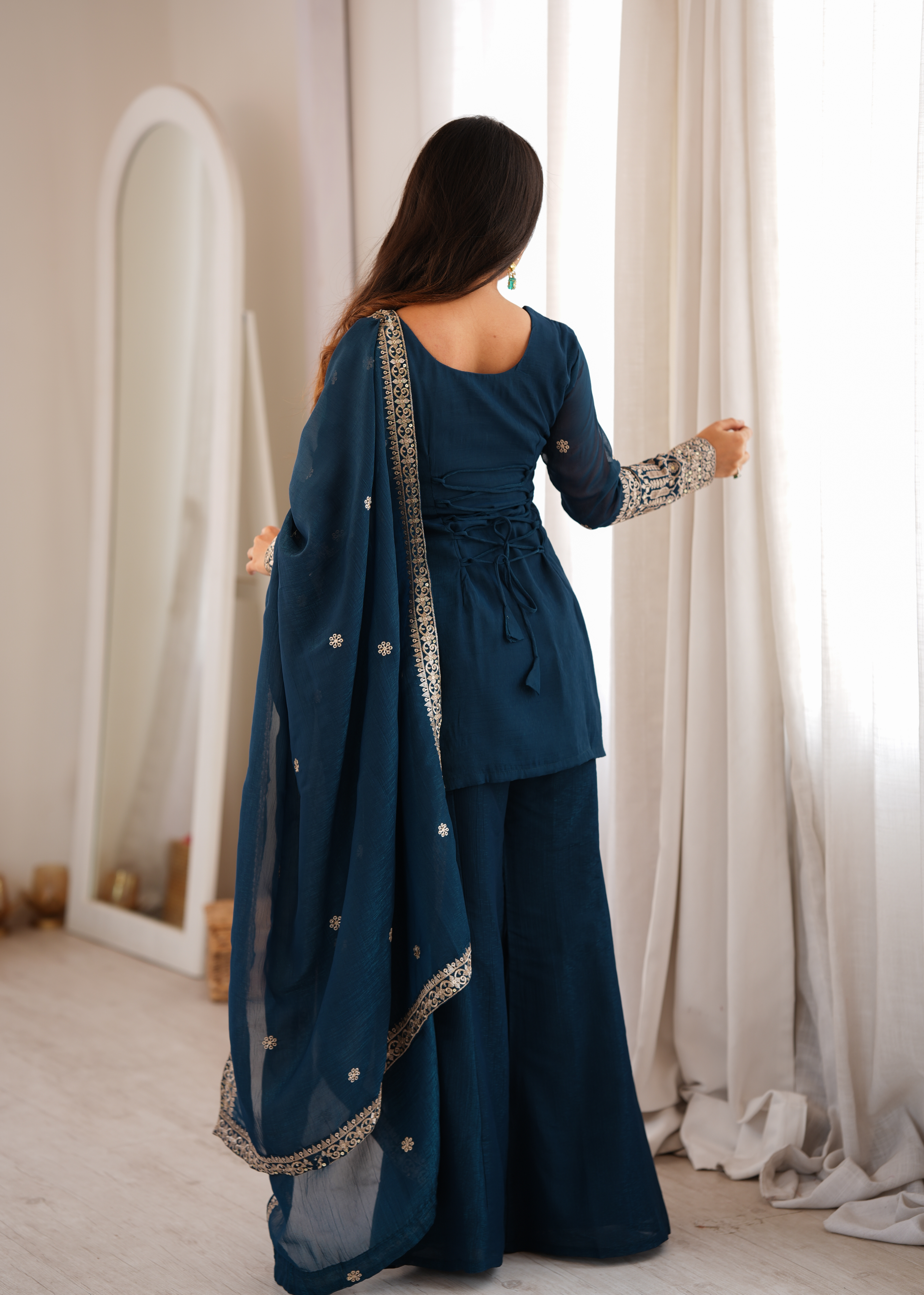 Premium Crunchy Silk Embroidered Bell Bottom Set