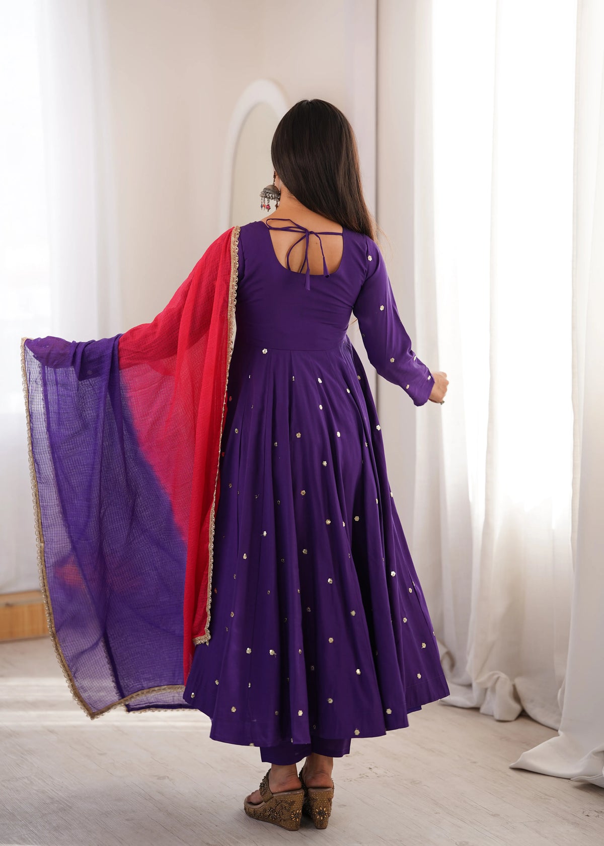 Premium Roman Silk Anarkali Gown with Embroidery, Sequin & Real Mirror Work