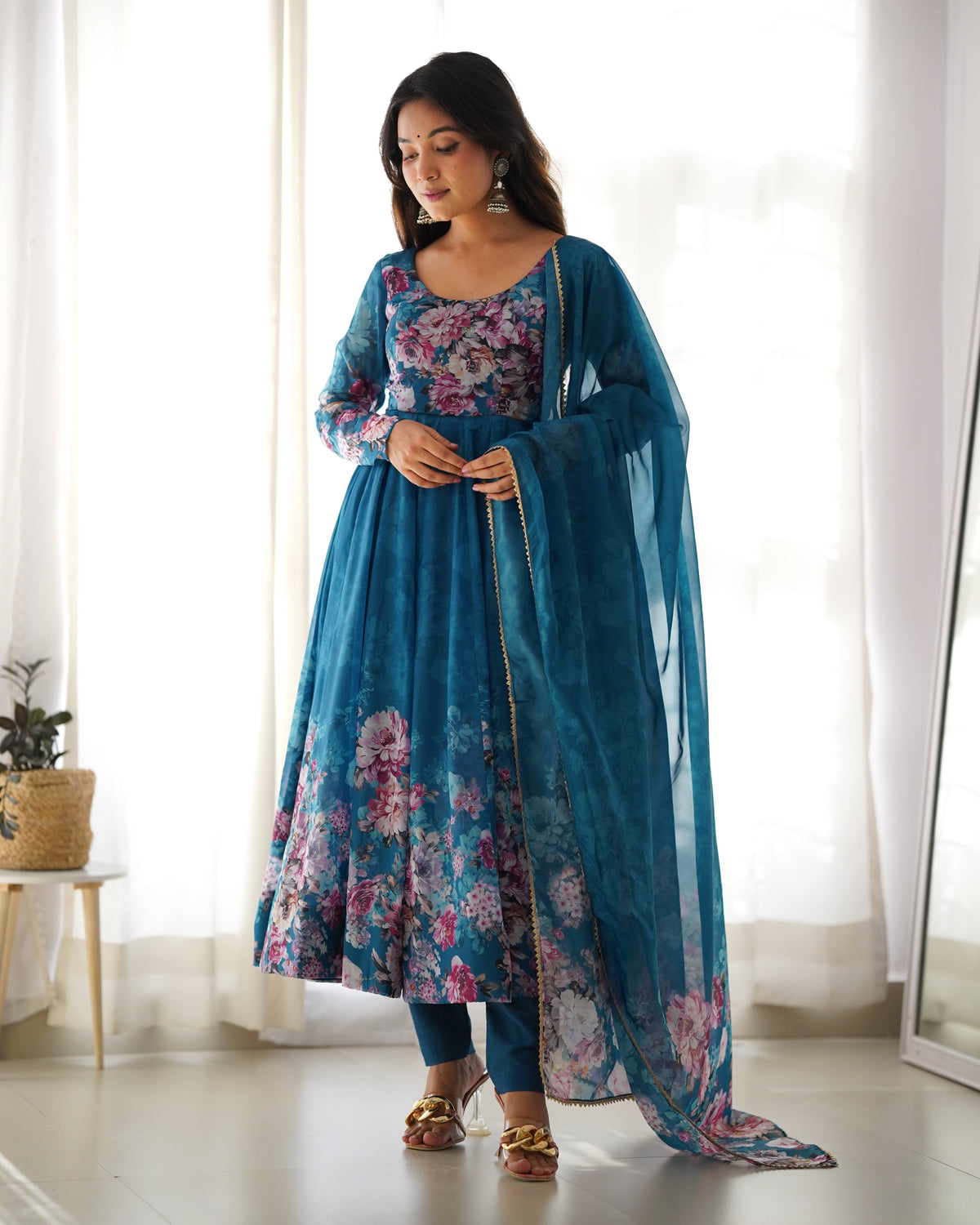 Premium Organza Silk Printed Anarkali Gown with Kali Flare, Canvas Patta & Gota Patti Dupatta
