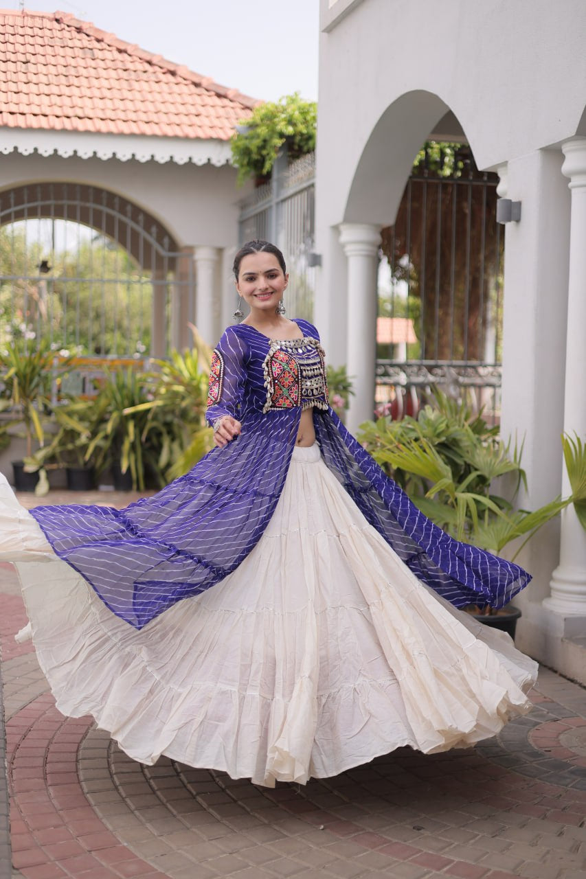 Premium Kora Cotton Navratri Lehenga with Laheriya Print & Kutchi Patchwork Kurti