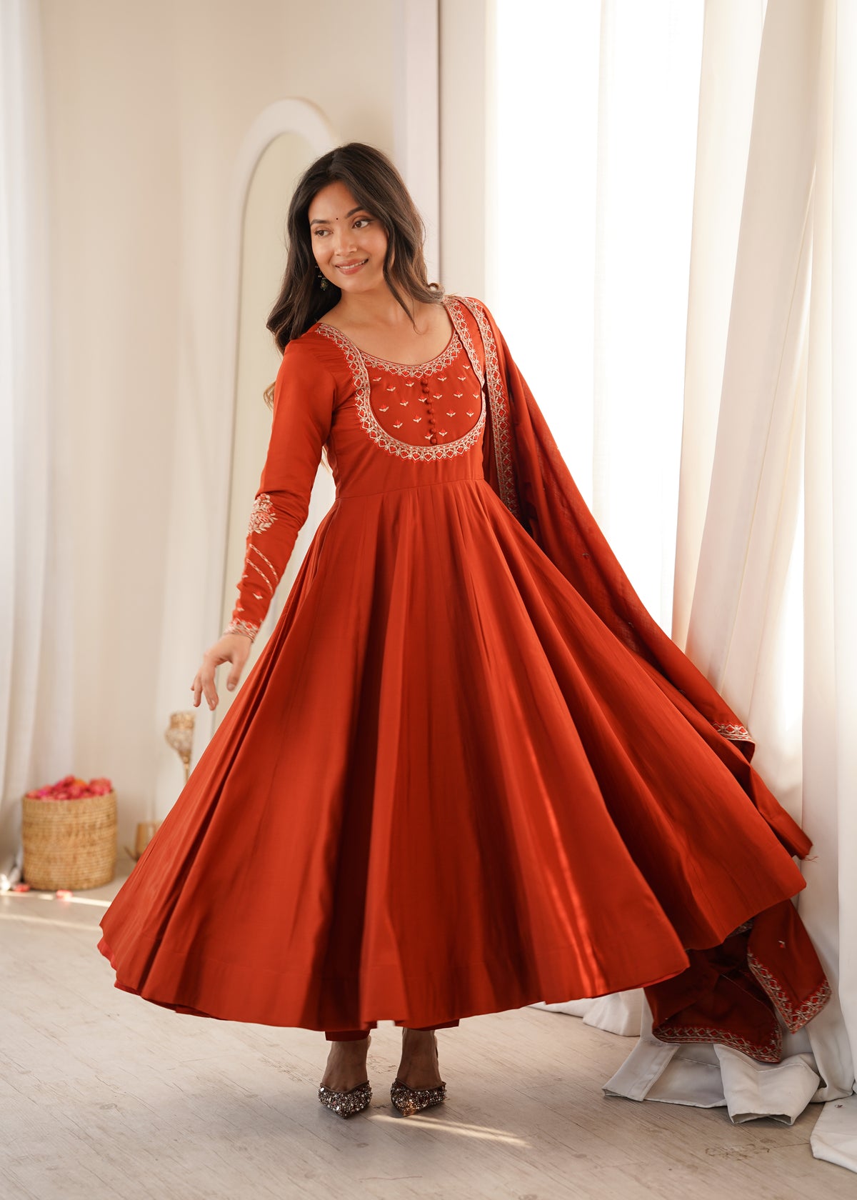 Premium Roman Chanderi Silk Anarkali Gown with Thread & Jari Work