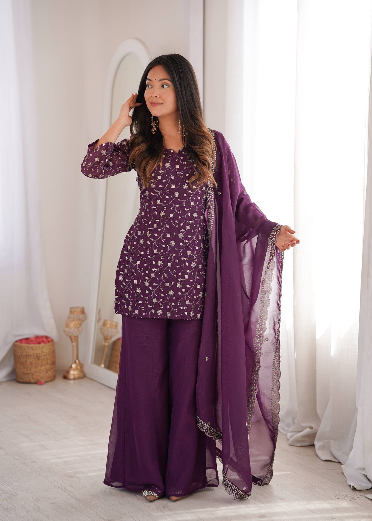 Premium Crunchy Silk Top Pant Set with Embroidery, Sequin & Jari Work