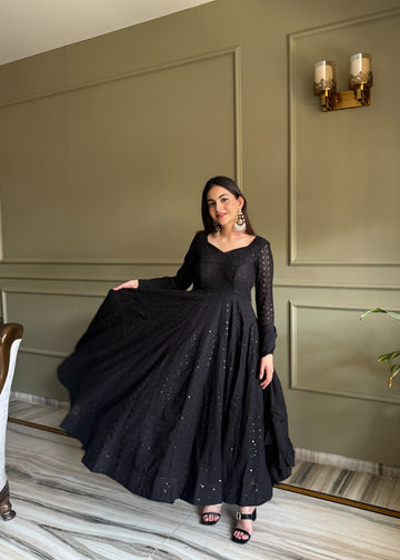 Premium Lukhnowi Fox Georgette Anarkali Suit Set with Sequin & Thread Work