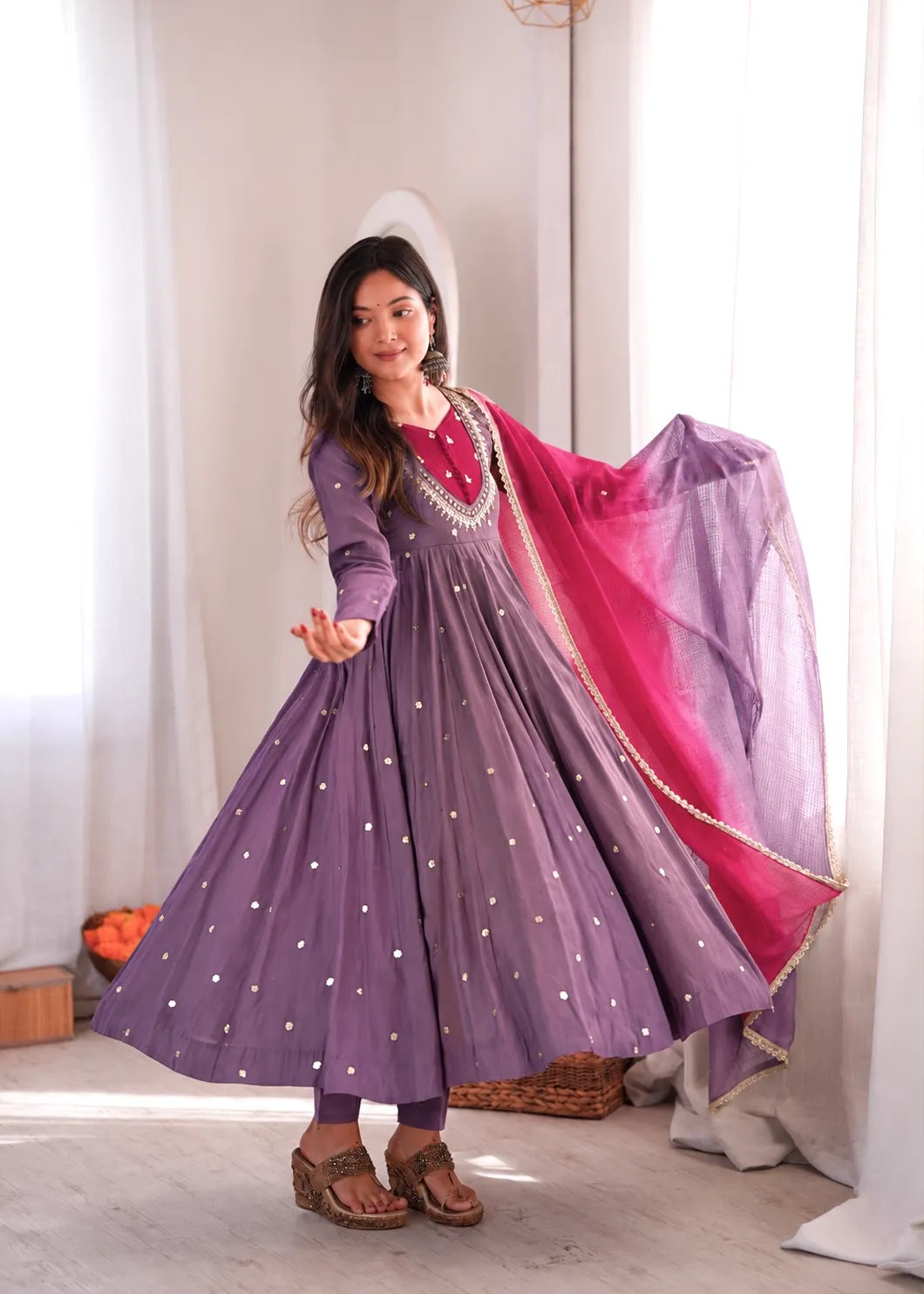 Premium Roman Silk Anarkali Gown with Embroidery, Sequin & Real Mirror Work