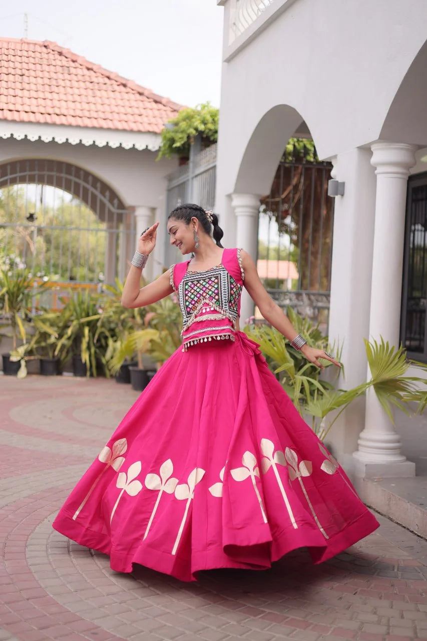 Premium Roman Silk Navratri Lehenga Choli with Pan-Patti Gota & Mirror Lace Work
