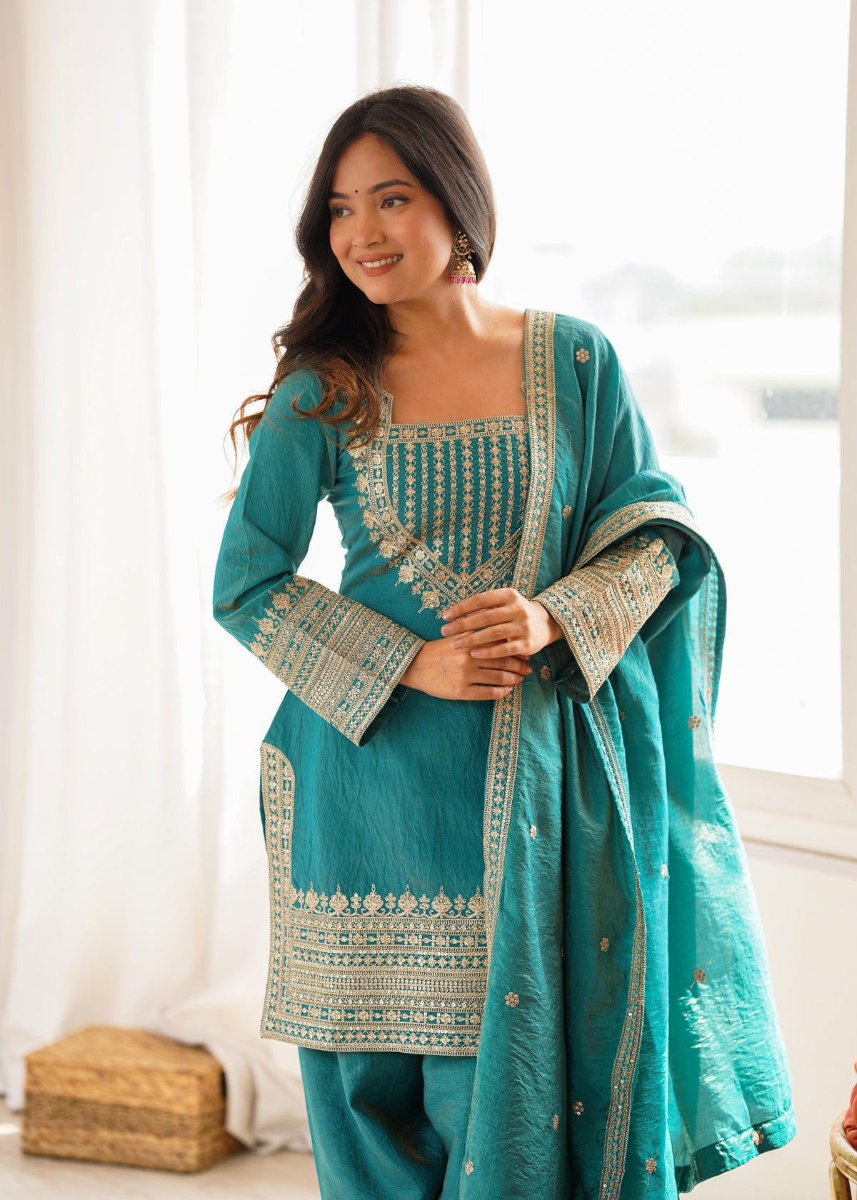 Premium NC Vichitra Silk Top & Farshi Shalwar Set with Embroidery, Dori & Jari Work