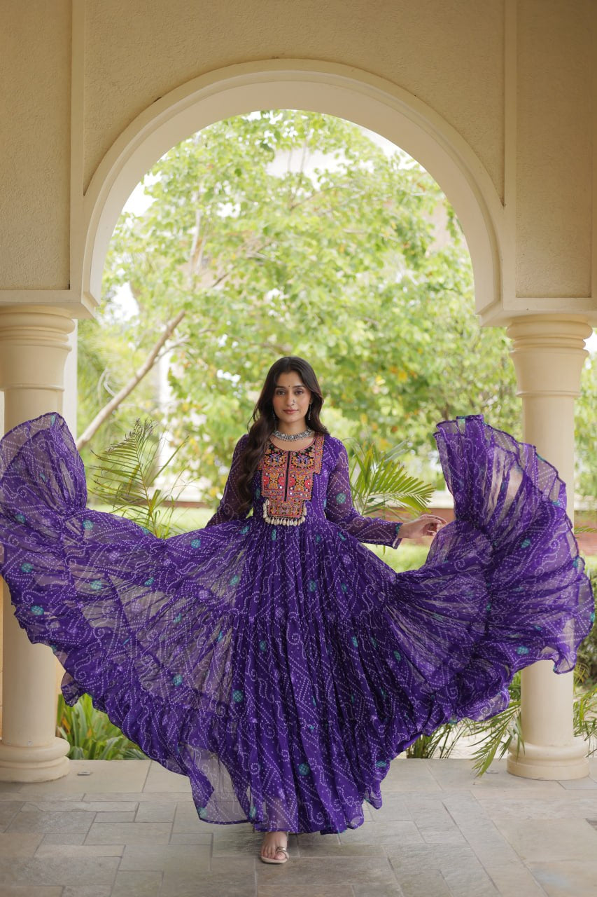 Premium Faux Georgette Navratri Gown with Bandhani Print & Kutchi Patchwork