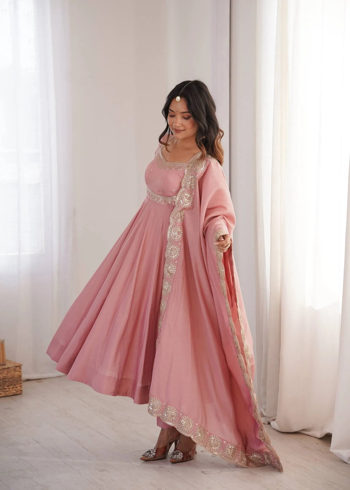 Premium Roman Silk Anarkali Gown with Embroidery & Sequin Work