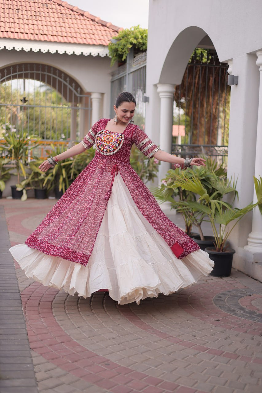 Premium Kora Cotton Navratri Lehenga with Bandhani Print & Kutchi Patchwork Kurti
