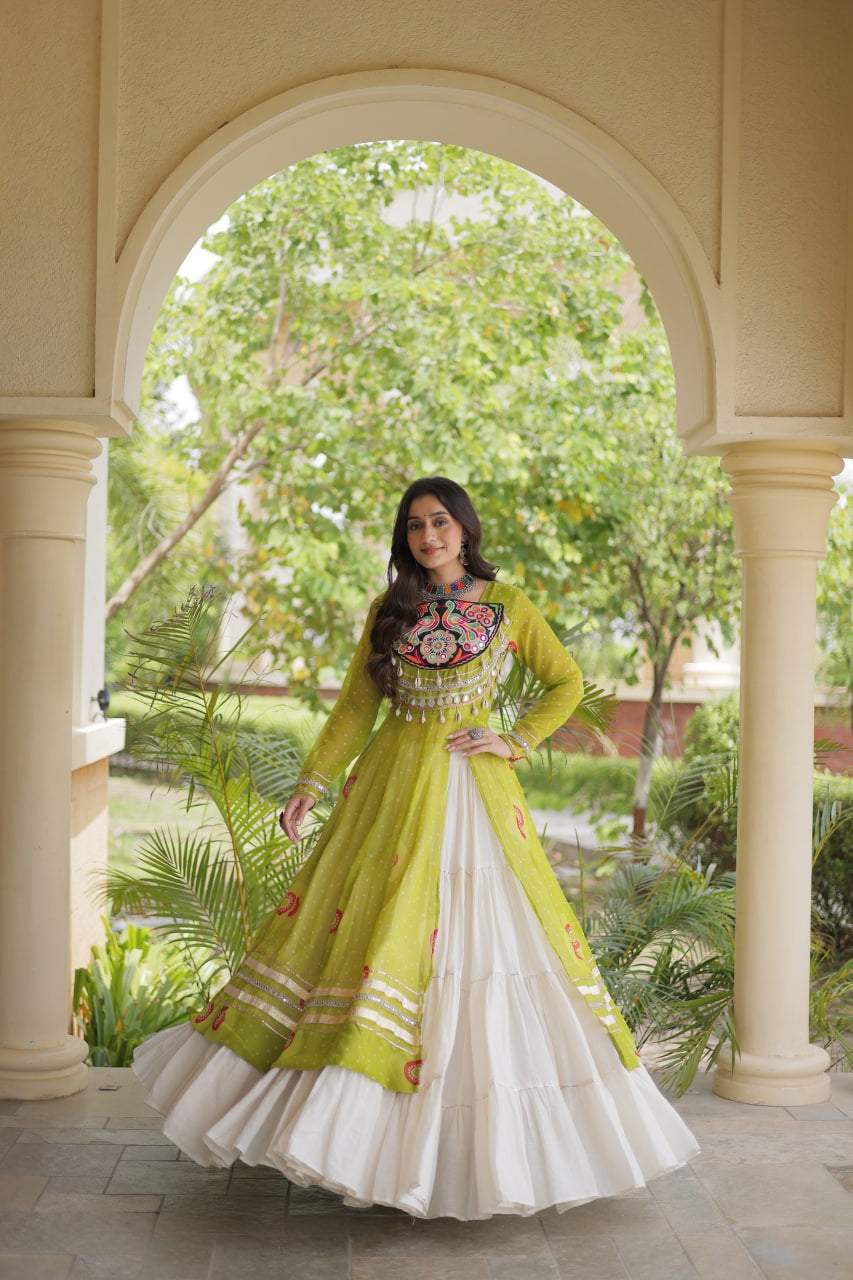 Premium Kora Cotton Navratri Lehenga with Bandhani Print & Kutchi Patchwork Kurti