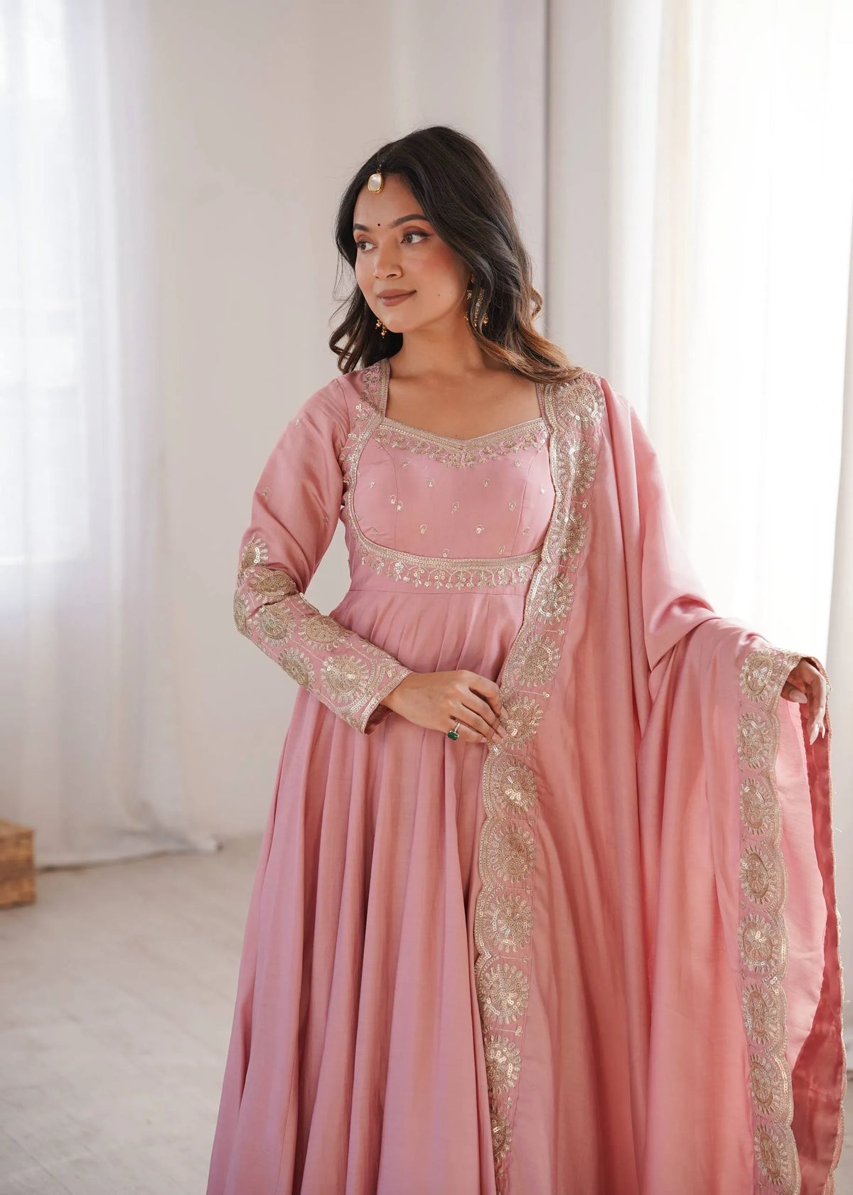 Premium Roman Silk Anarkali Gown with Embroidery & Sequin Work