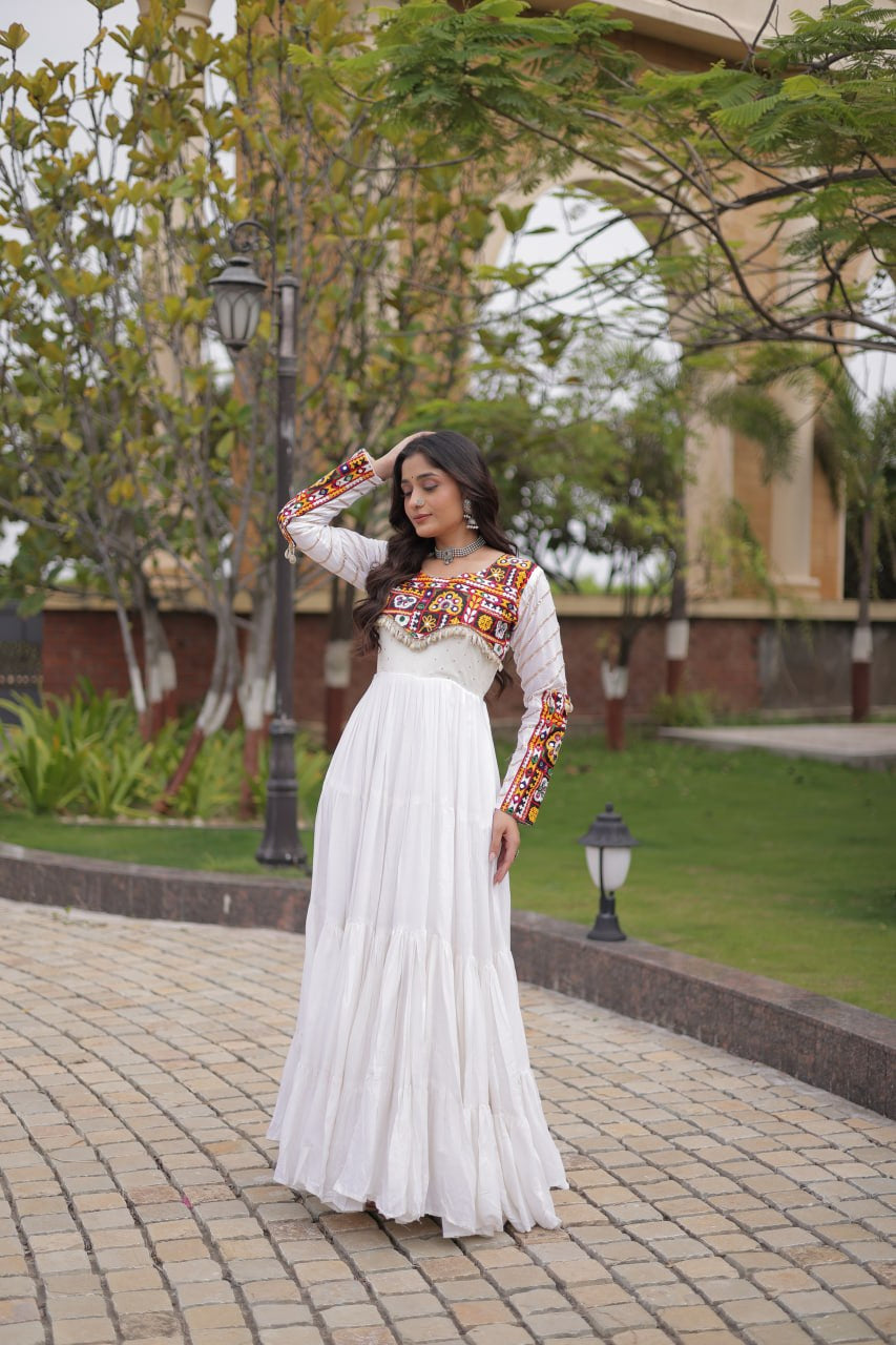 Premium Rayon Navratri Gown with Mukaish, Gamthi Embroidery, Mirror & Gota Patti Work