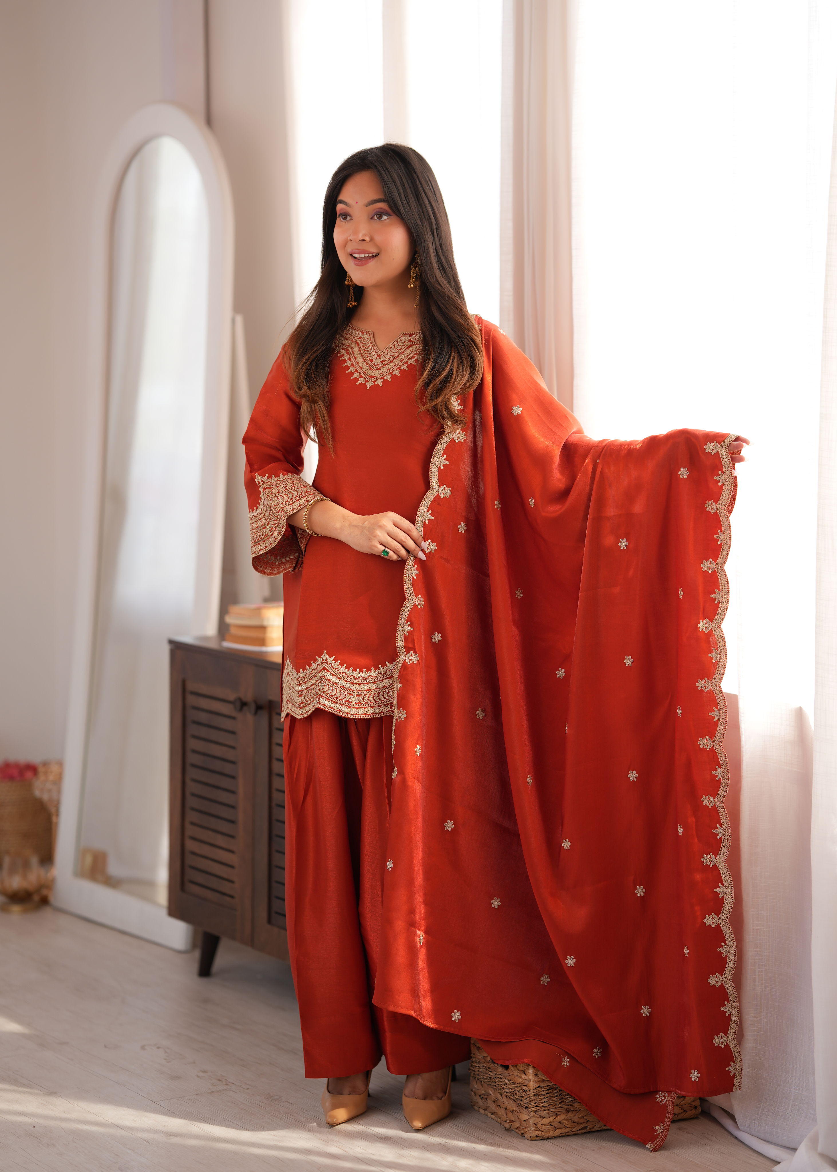 Premium Glass Roman Silk Embroidered Farshi Shalwar Set