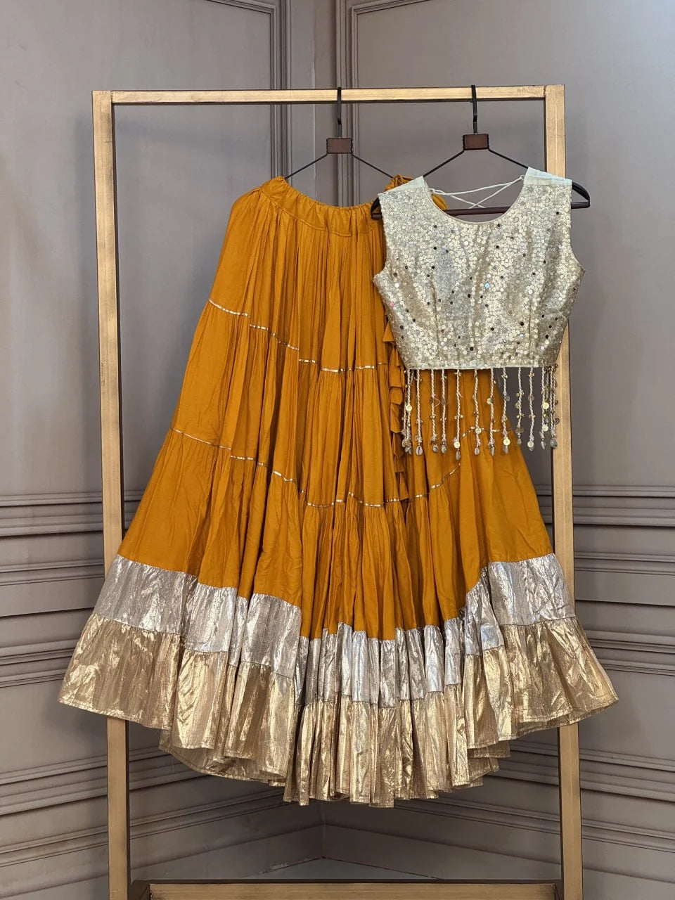 Premium Rayon Navratri Lehenga with Lampi Lace & Gold Organza Mirror Work Blouse