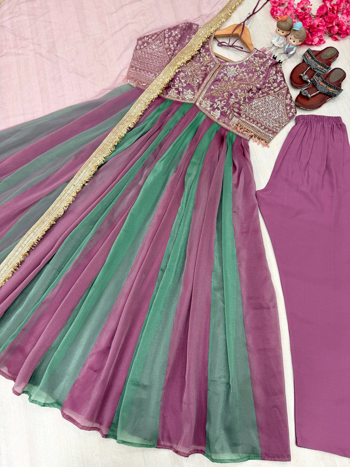 Premium NC Moss Silk Gown with Embroidery, Beads & Tassel Sleeves
