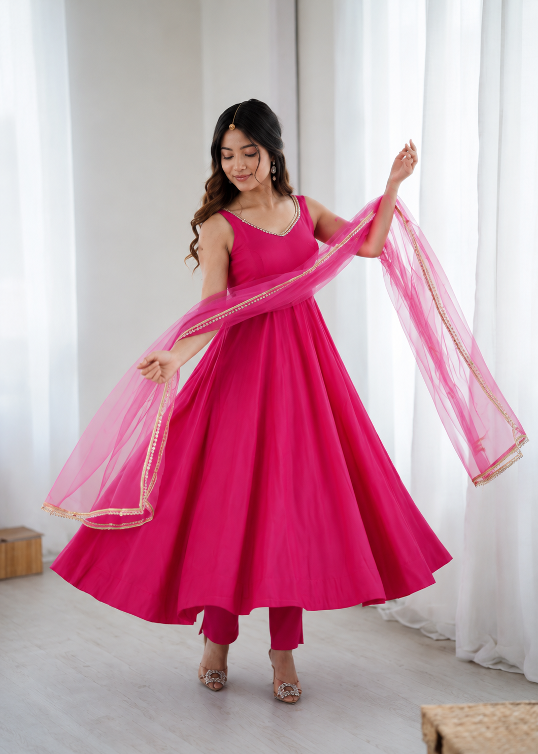 Premium Pure Romansilk Chanderi 4 Meter Flared Anarkali Gown Set