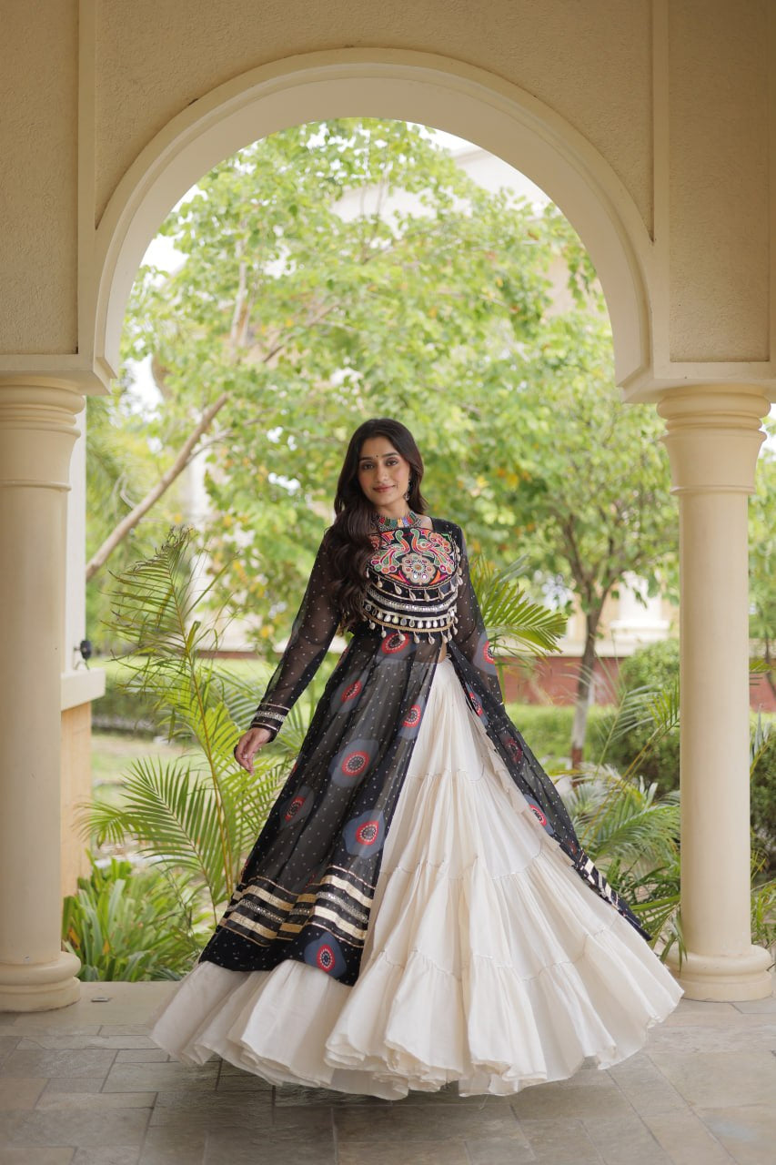 Premium Kora Cotton Navratri Lehenga with Bandhani Print & Kutchi Patchwork Kurti