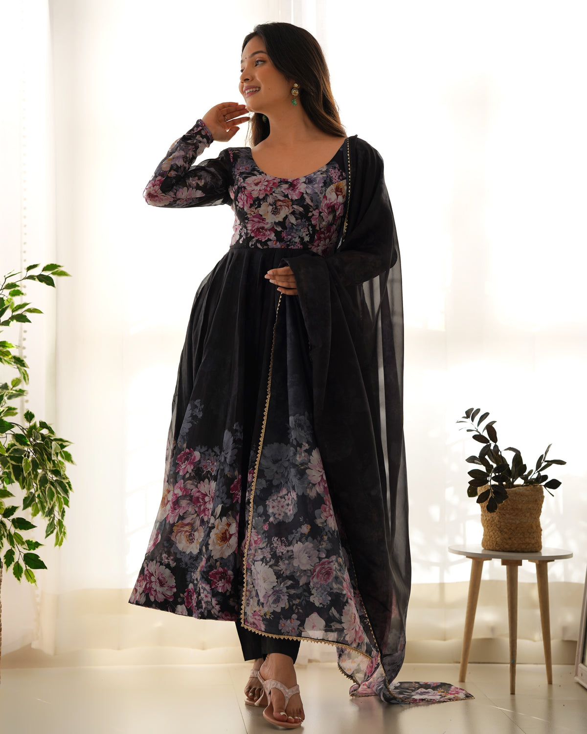 Premium Organza Silk Printed Anarkali Gown with Kali Flare, Canvas Patta & Gota Patti Dupatta