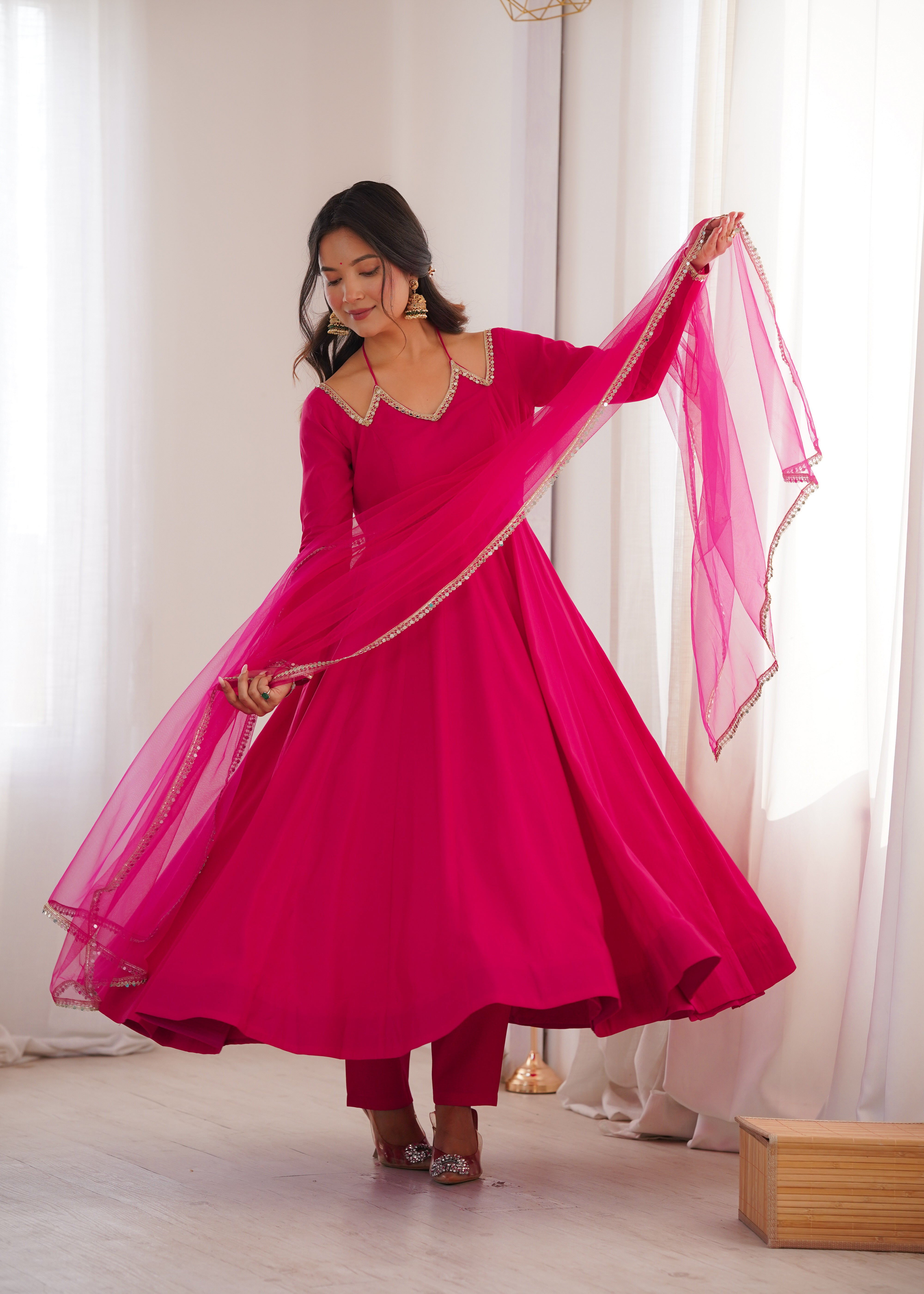 Premium Roman Silk Chanderi Anarkali Gown Set with Dupatta & Pant