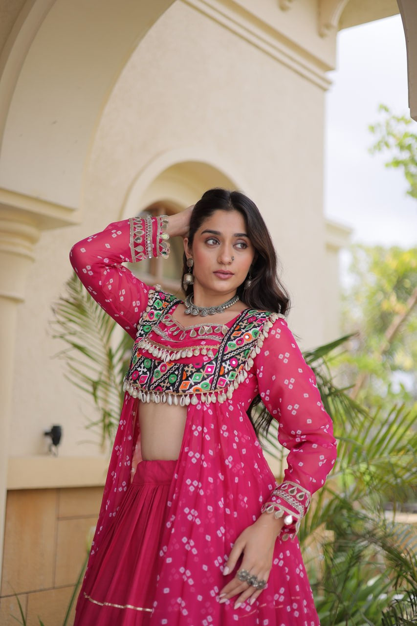 Premium Kora Cotton Navratri Lehenga with Bandhani Print & Kutchi Patchwork Kurti