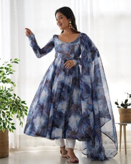 Premium Organza Silk Marble Print Anarkali Gown with Kali Flare, Canvas Patta & Gota Patti Dupatta