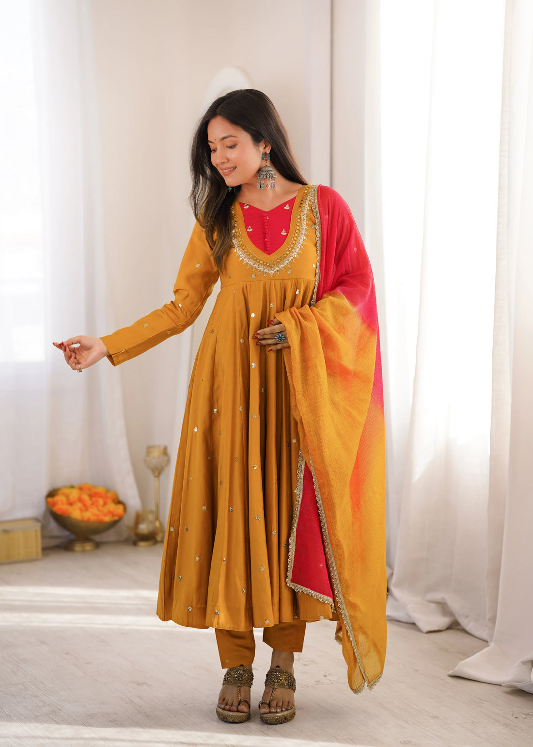 Premium Roman Silk Anarkali Gown with Embroidery, Sequin & Real Mirror Work