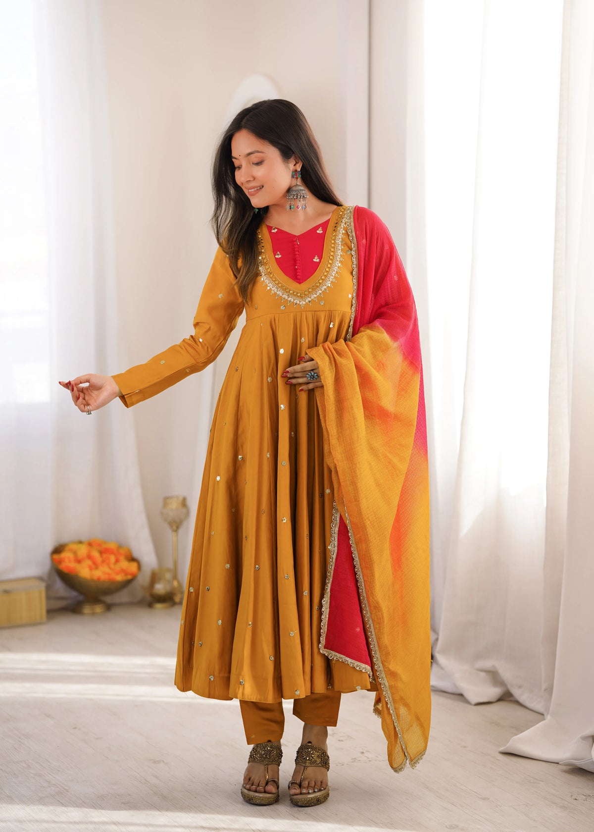 Premium Roman Silk Anarkali Gown with Embroidery, Sequin & Real Mirror Work