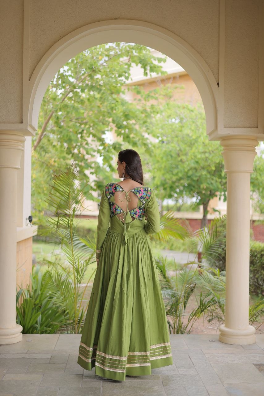 Premium Kora Cotton Navratri Gown with Multi-Thread Embroidery, Gota Patti, Mirror & Codi Lace Work