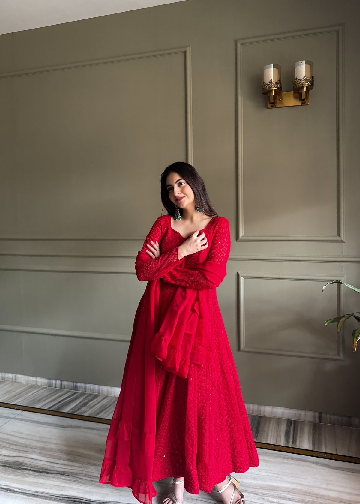 Premium Lukhnowi Fox Georgette Anarkali Suit Set with Sequin & Thread Work
