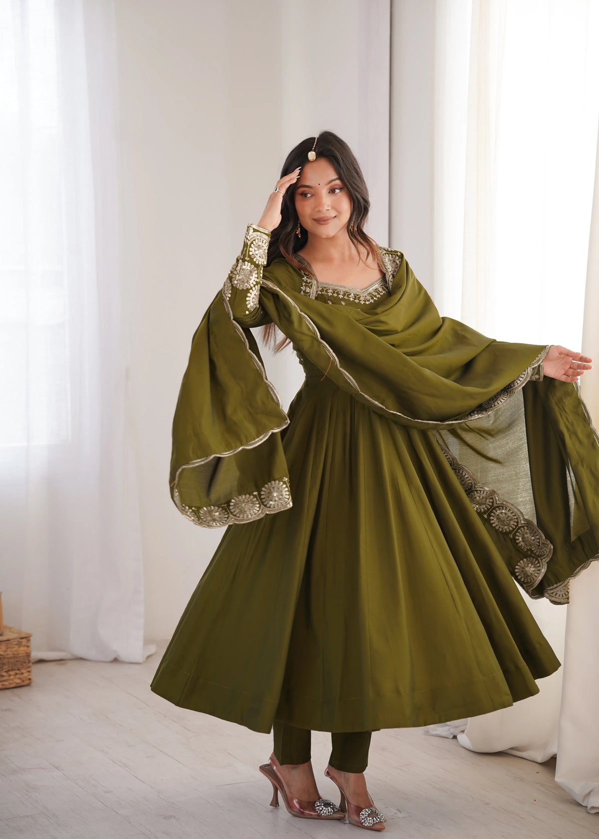 Premium Roman Silk Anarkali Gown with Embroidery & Sequin Work