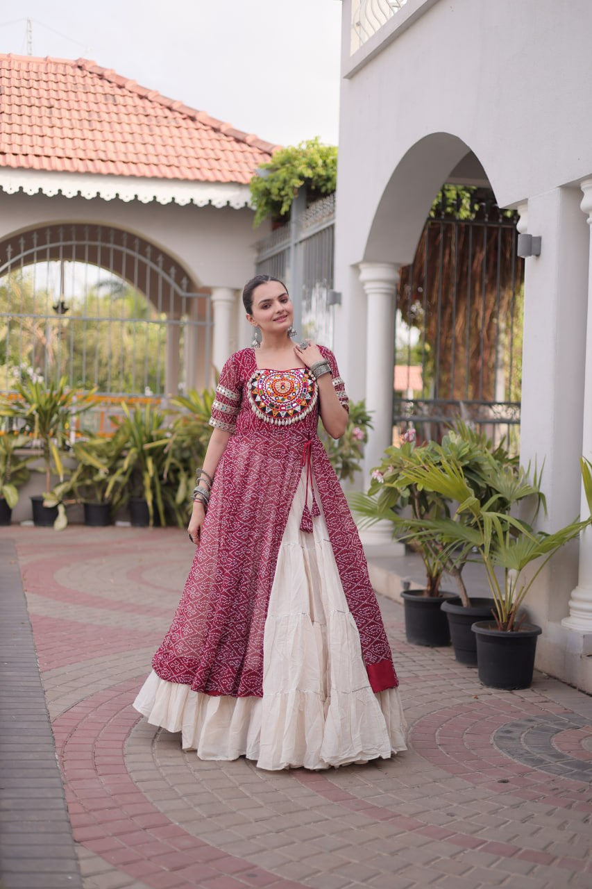 Premium Kora Cotton Navratri Lehenga with Bandhani Print & Kutchi Patchwork Kurti