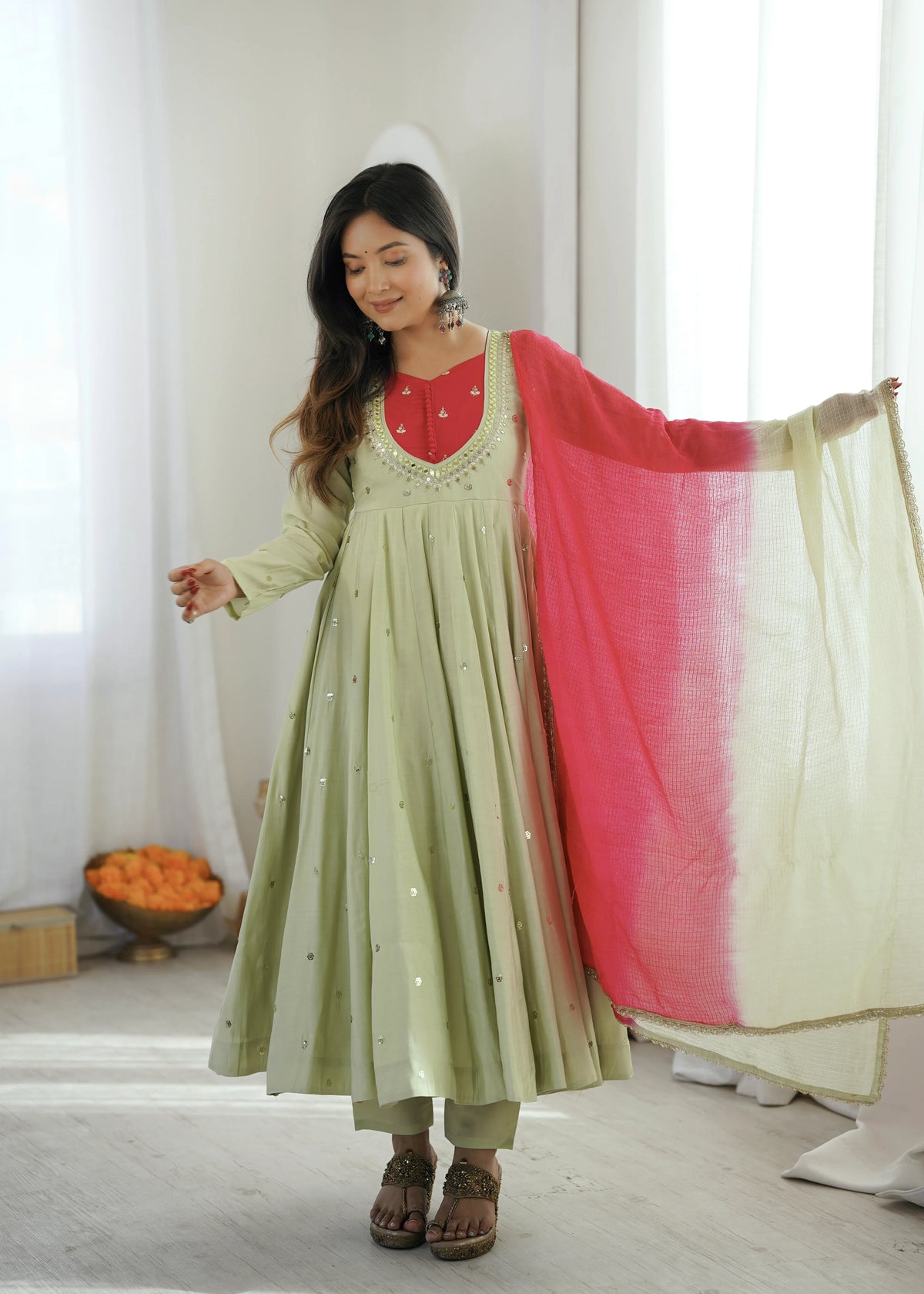 Premium Roman Silk Anarkali Gown with Embroidery, Sequin & Real Mirror Work