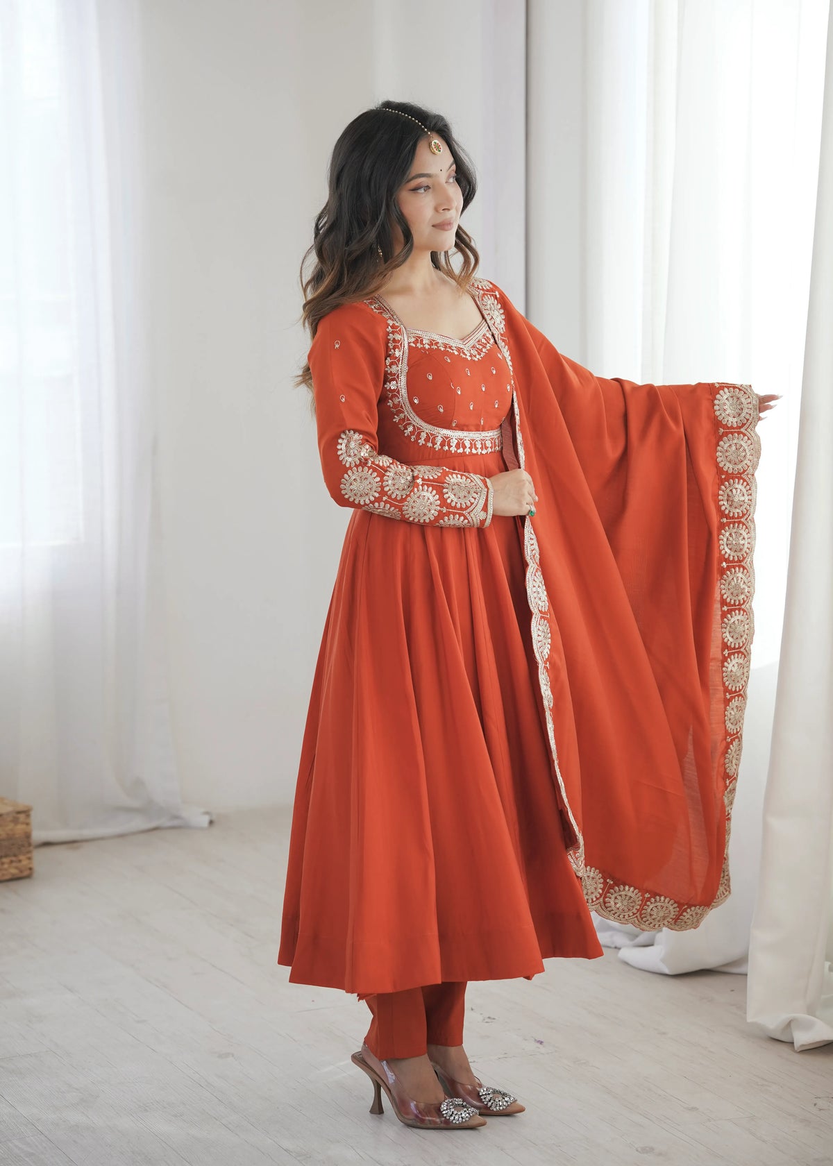 Premium Roman Silk Anarkali Gown with Embroidery & Sequin Work