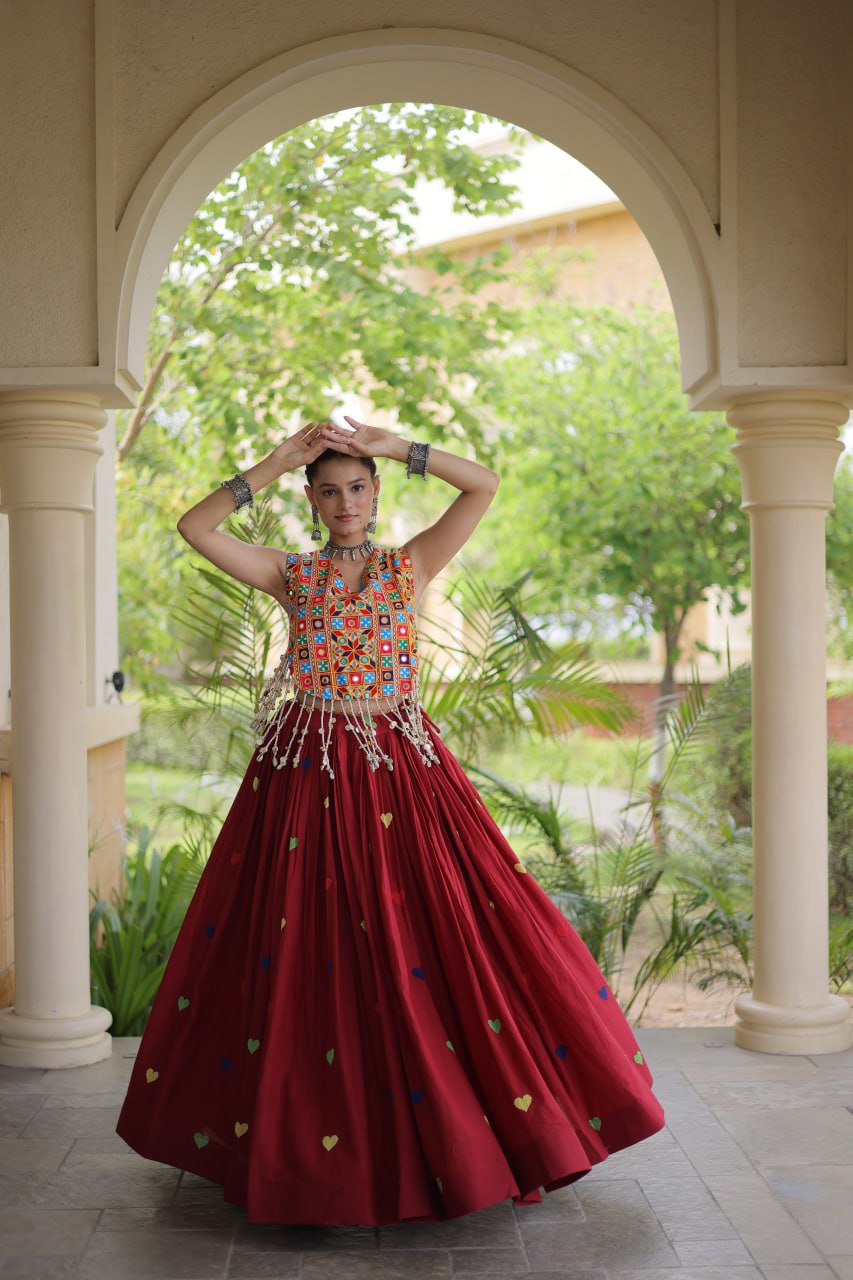 Premium Cora Cotton Navratri Lehenga Choli with Heart Thread Embroidery & Gamthi Mirror Work