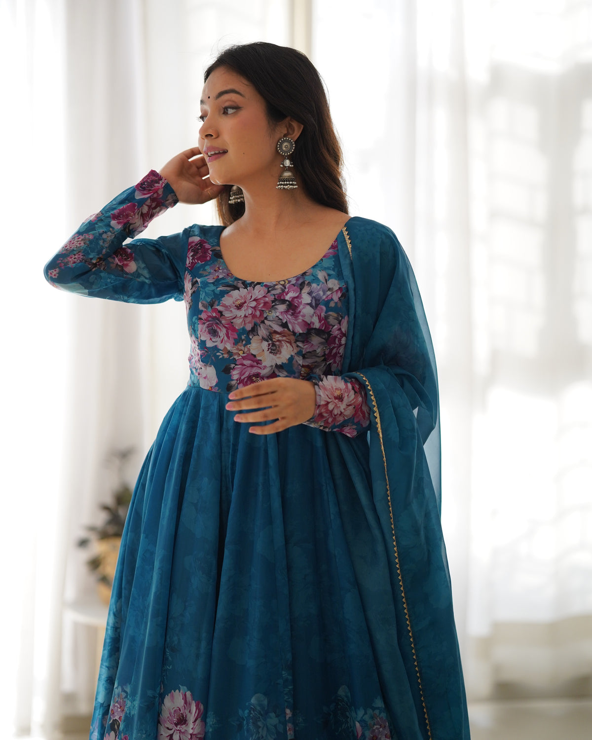 Premium Organza Silk Printed Anarkali Gown with Kali Flare, Canvas Patta & Gota Patti Dupatta
