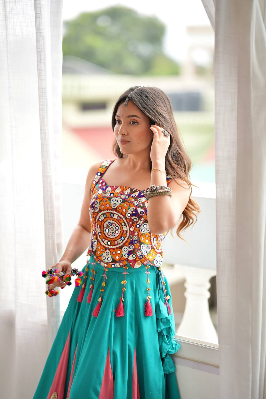 Premium Heavy Rayon Lehenga Choli with Fancy Lagdi Patta Lace & Real Mirror Work
