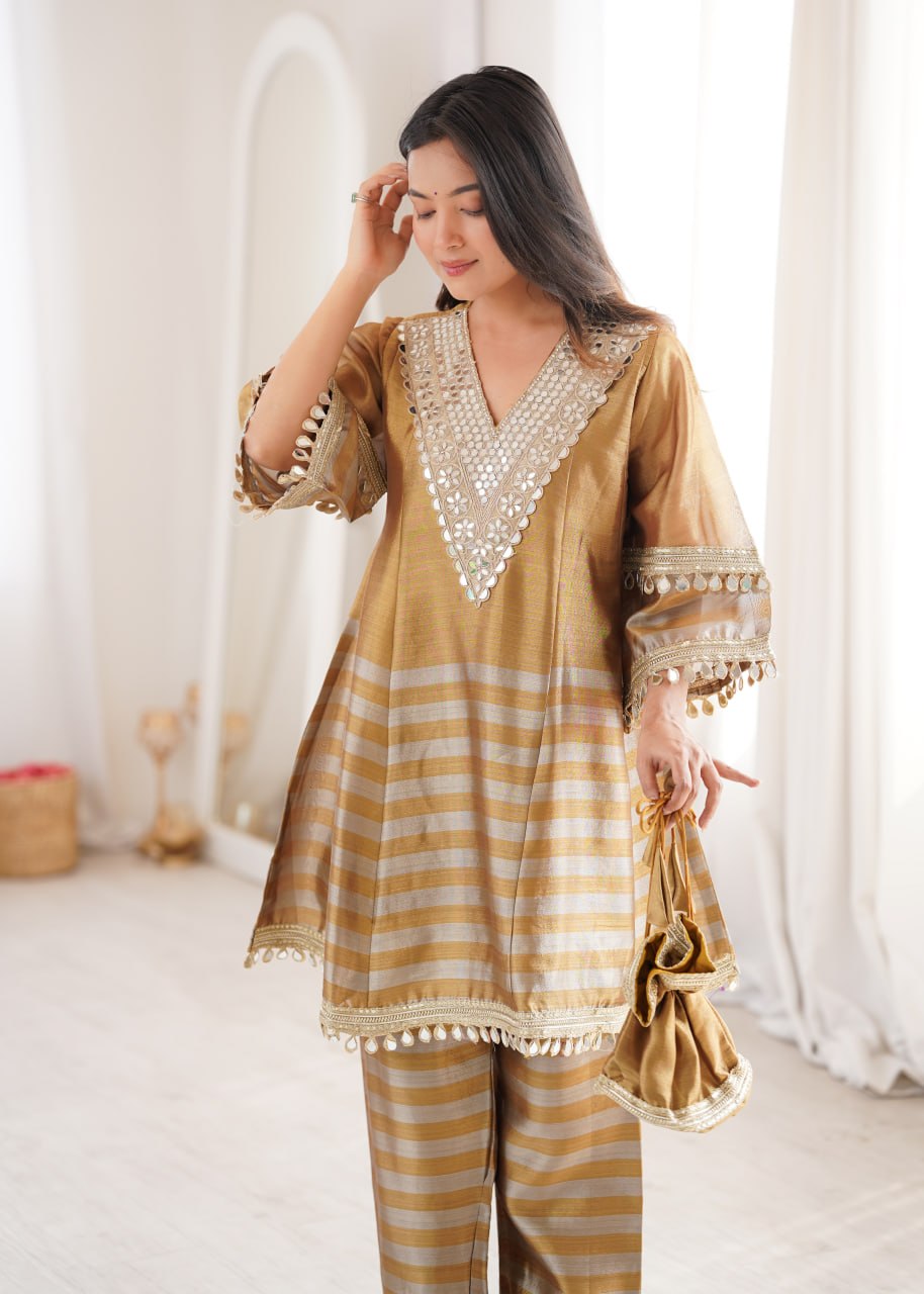 Premium Two-Tone Tissue Mirror Work Top-Bottom Set with Batwa