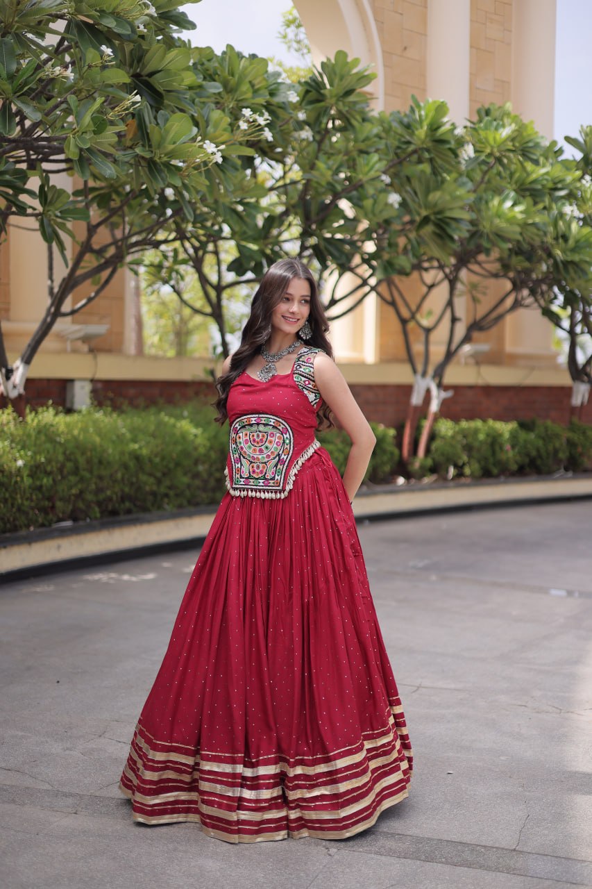 Reyon Navratri Lehenga Choli with Mukesh & Gamthi Mirror Work