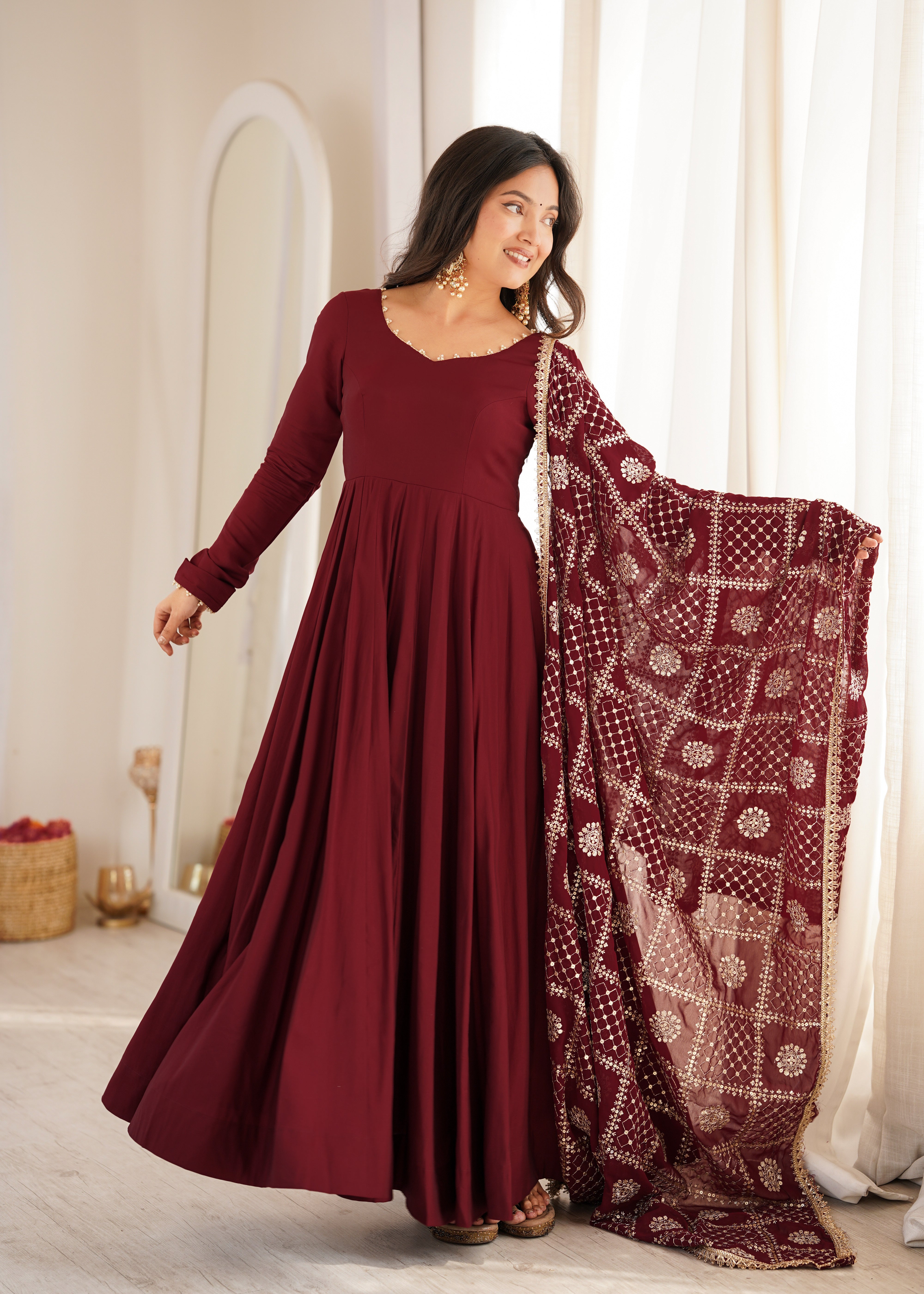 Premium Pure Romansilk Chanderi Fully Flared Anarkali Gown Set