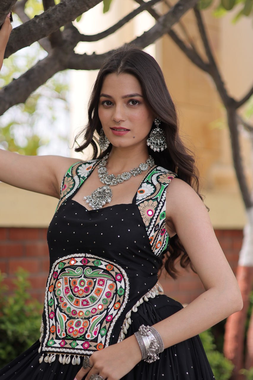 Reyon Navratri Lehenga Choli with Mukesh & Gamthi Mirror Work