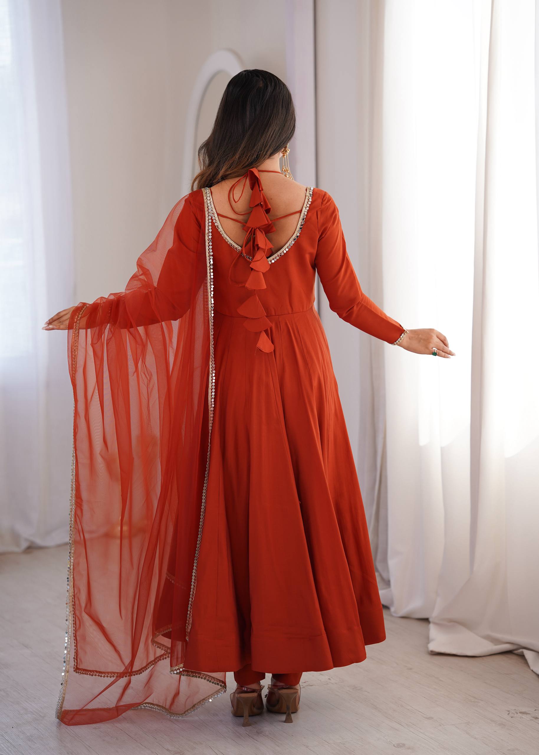 Premium Roman Silk Chanderi Anarkali Gown Set with Dupatta & Pant