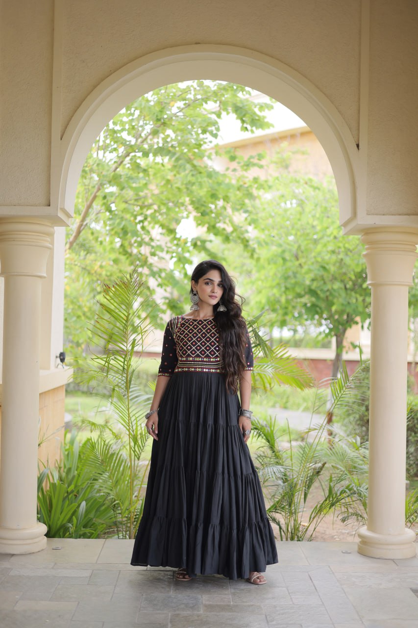 Premium Kora Cotton Embroidered Navratri Gown with Gota Patti & Mirror Work | ByRavina
