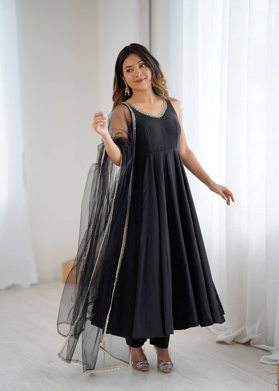 Premium Pure Romansilk Chanderi 4 Meter Flared Anarkali Gown Set