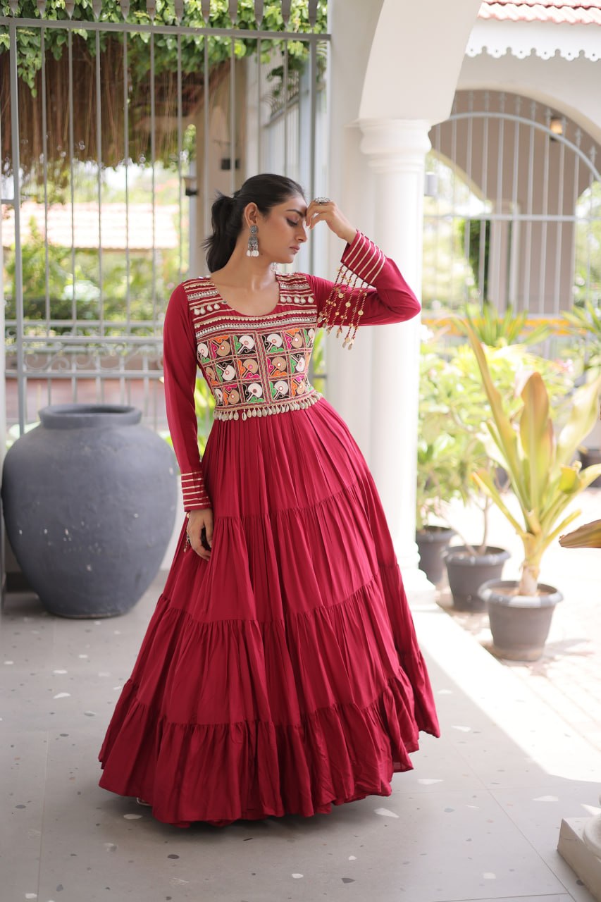 Reyon Navratri Gown with Kutchi Gamthi Embroidery & Mirror Work