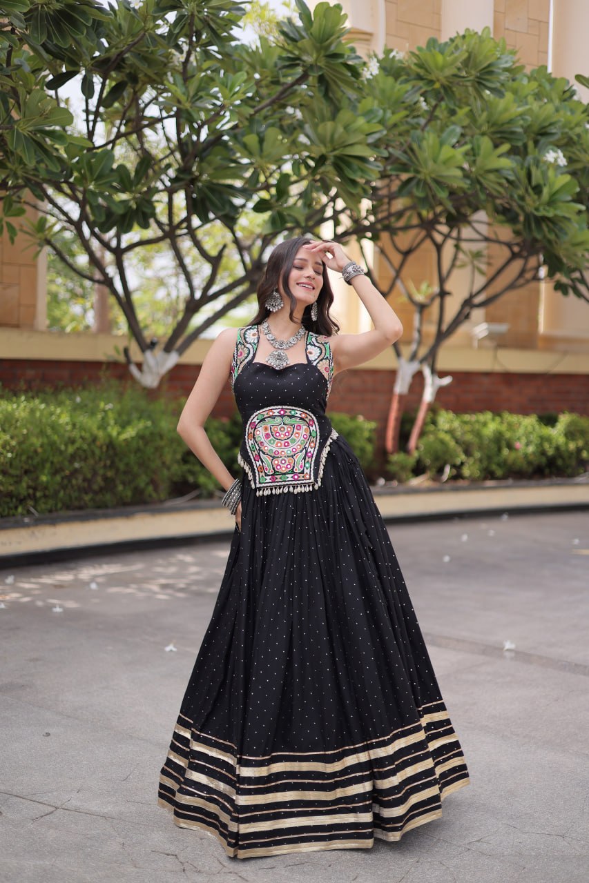 Reyon Navratri Lehenga Choli with Mukesh & Gamthi Mirror Work